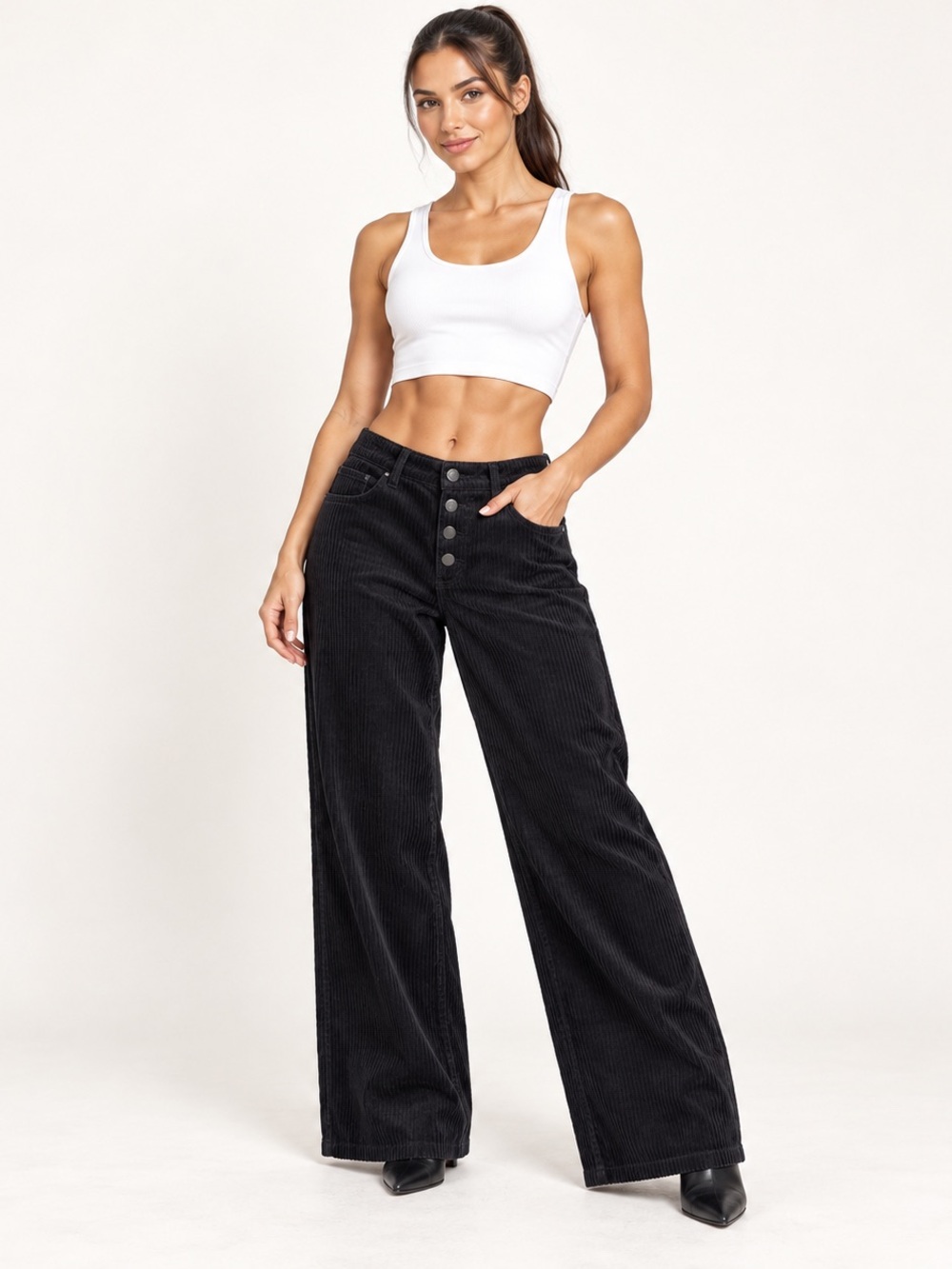 Vero Moda Black High-Waist Wide-Leg Corduroy Pants